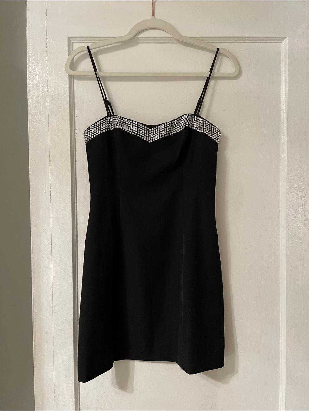 Bardot Black Mini Dress with Rhinestone-Trimmed Sweetheart Neckline